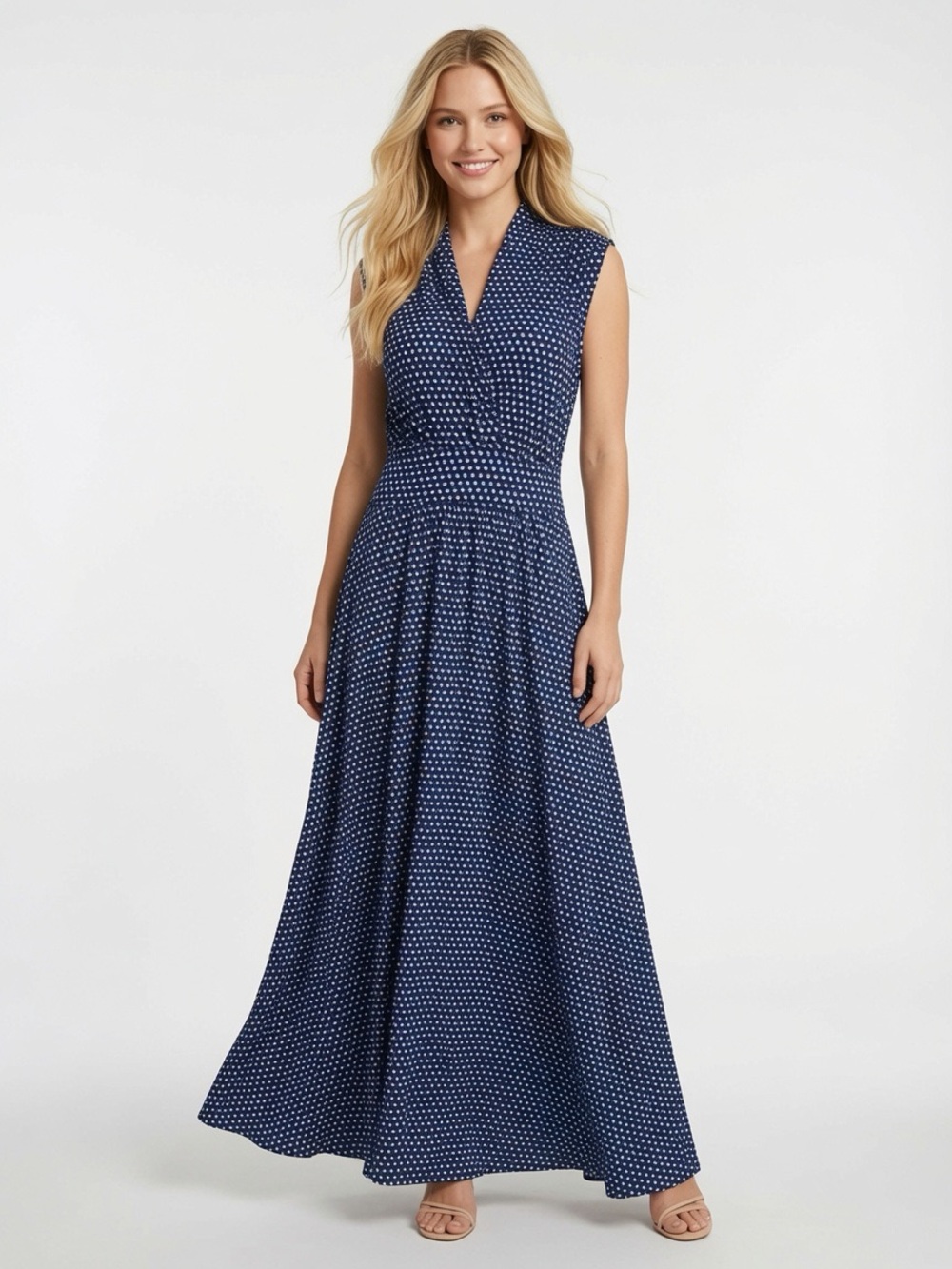 Micheal Micheal Kors Alston Sleeveless Navy Polka Dot Maxi Dress Side Slit Sz.10